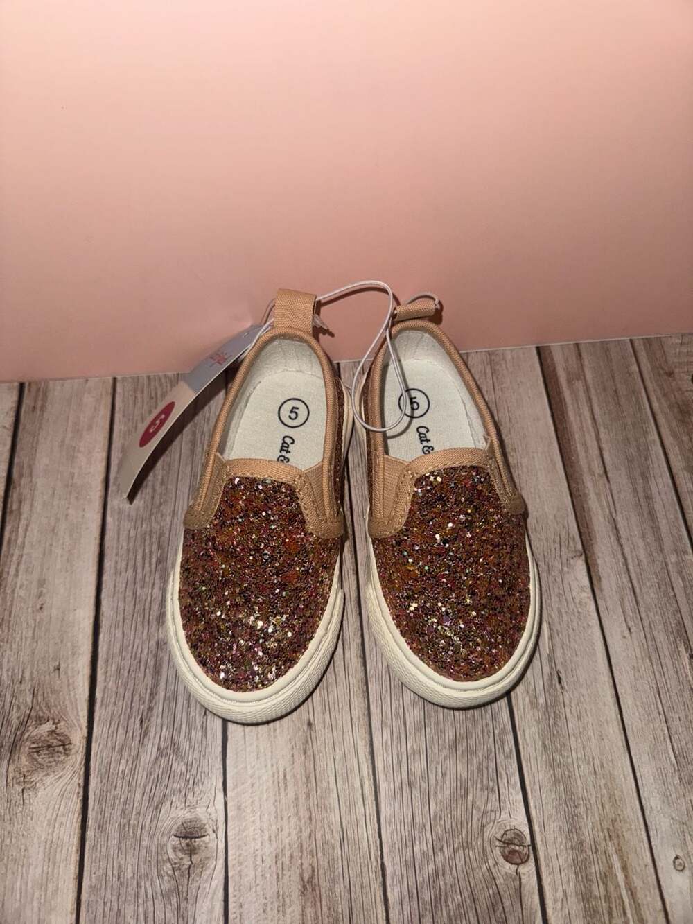 Cat & Jack Toddler Girls Rose Gold Glitter Slip-On Sneakers Size 5 - Picture 3 of 3
